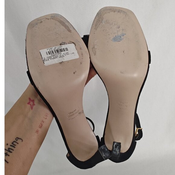 Stuart Weitzman Square Nudist 100 Pump Heels Black Suede Ankle Strap - Picture 11 of 12